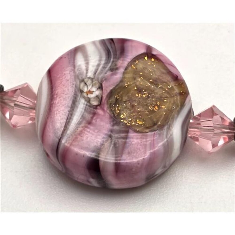Pink Lampwork Glass Pendant Necklace Murano Style Gold Foil Sterling Clasp 18 In - Picture 4 of 8